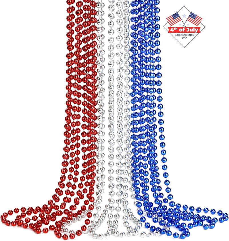 ZZYFGH 12 Pcs 4th of July Beaded Necklace 33'' 7mm Metallic Red/Silver/Blue Bead Necklace Bulk, Mardi Gras Round Beaded Necklaces for July 4th Party Favors Costume Necklace (12 Pcs) - Image 1